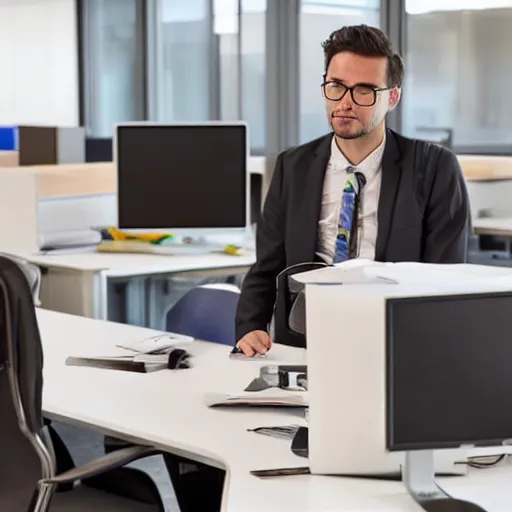 Prompt: someone working in a cubicle while everyone else nearby leaves