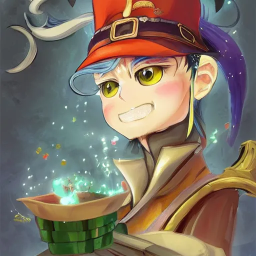 Image similar to Anime artwork of Anthropomorphized parrot trader in his shop, shelves full, selling a gem, portrait, items, magic potions, carpet, window, fancy funny hat, sly expression , cunning expression, cute expression, presenting magic gem, D&D, fantasy, cinematic lighting, highly detailed, digital painting, artstation, concept art, smooth, sharp focus, illustration, warm light, cozy warm tint, magic the gathering artwork, volumetric lighting, 8k, no gold, no gold colours, art by Akihiko Yoshida and Greg Rutkowski