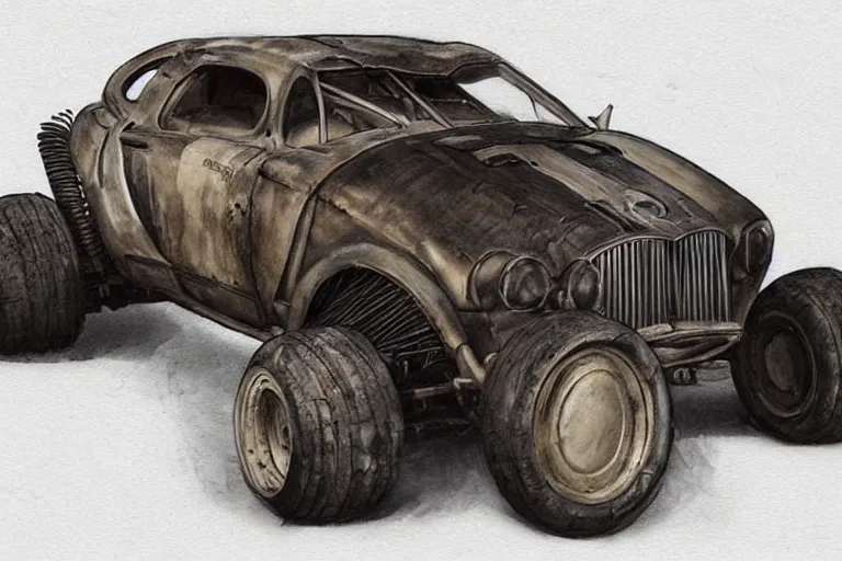 Prompt: Concept art of a mad max wedge car. Dieselpunk