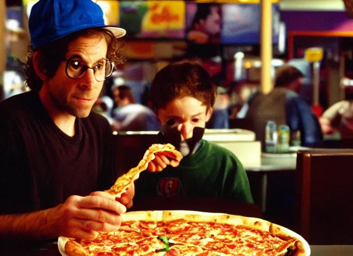 Image similar to portrait of charlie kaufman eating pizza at chuck - e - cheese with sloppy cheesy sauce getting slopped up all over the place, dramatic lighting, moody film still from being john malkovich ( 2 0 0 1 ), 3 5 mm kodak color stock, 2 4 mm lens, directed by spike jonze, ecktochrome