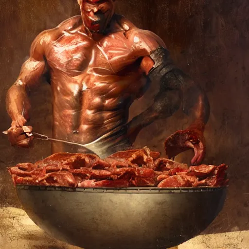 Image similar to an spartan man eating meat on a wooden bowl, Matte painting , detailed painting, greg rutkowski