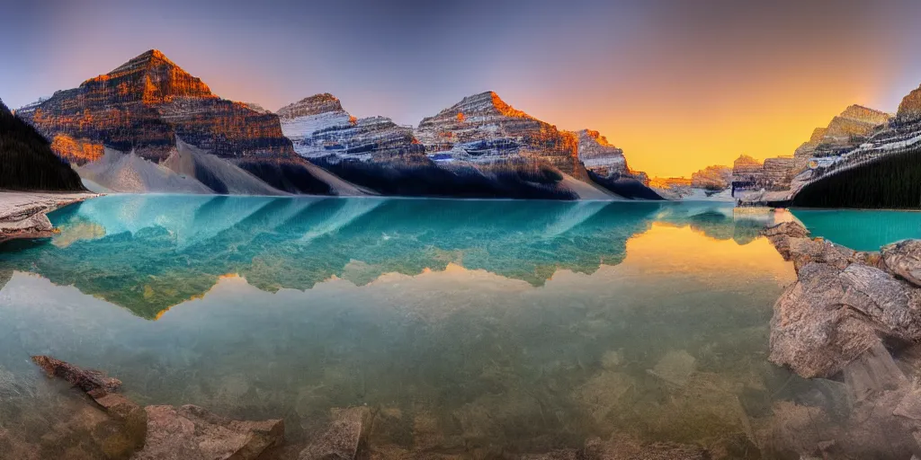 Image similar to lake louise panaroma at dawn detailed luminescent oil painting 4 k