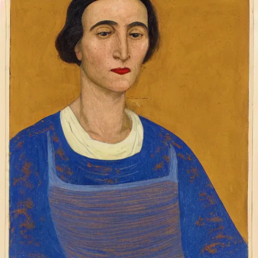 Prompt: three - quarters portrait of librarian in the style of peruvian realism ( 1 9 2 3 ), ultramarine blue, yellow ochre, and burnt sienna, detailed, modeled lighting