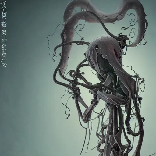 Prompt: an anime by yuji ikehata, of an ethereal ghostly wraith like figure with a squid like parasite latched onto its head and long tentacle arms that flow lazily but gracefully at its sides like a bat like cloak, anime, vhs, grainy, cartoon anime