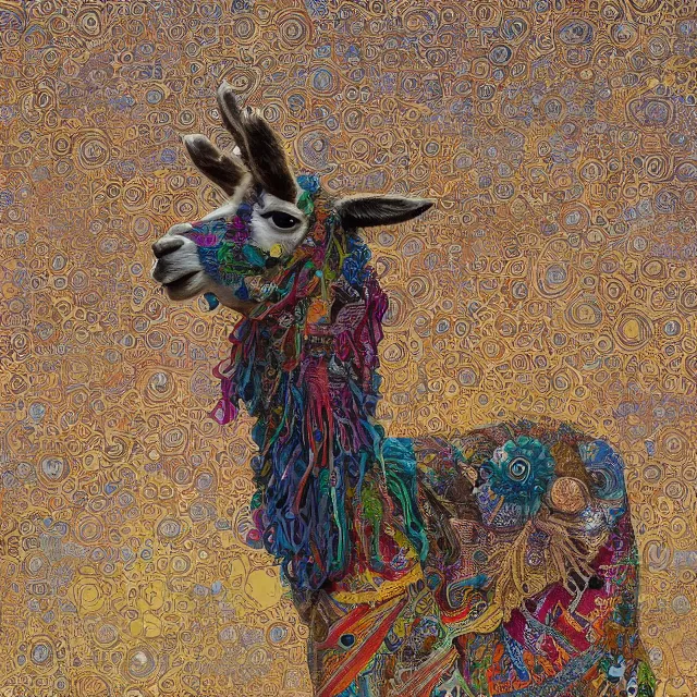 Image similar to llama with dreadlocks, detailed, by ernst haeckel, james jean, el anatsui, mandy jurgens, alphonse mucha, maxfield parrish