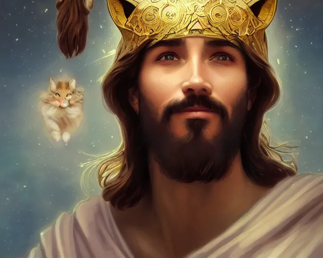 Image similar to photography of jesus christ with uwu smile and cute cat ears, deep focus, d & d, fantasy, intricate, elegant, highly detailed, simple background, digital painting, artstation, concept art, matte, sharp focus, illustration, hearthstone, art by artgerm and greg rutkowski and alphonse mucha