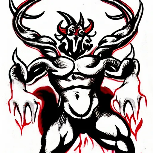 Image similar to full body drawing of a muscled horned Satan Devil , swimming tuxedo, red flames in background