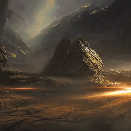 Image similar to sci - fi landscape, concept art, trending on, volumetric lighting, epic composition