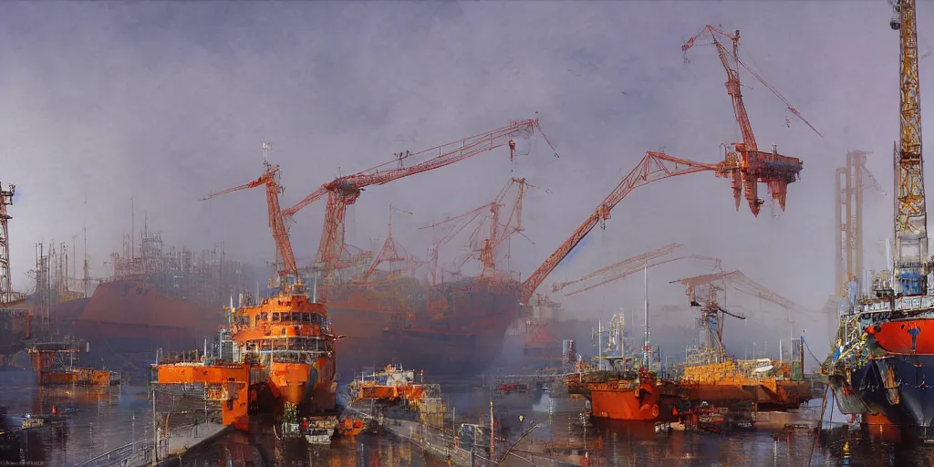 Prompt: a foggy shipyard with huge cranes, docked spaceships, astronauts and workers with helmets and orange suits, hyperrealism, no blur, 4k resolution, ultra detailed, style of John Berkey, Norman Rockwell, Hans Thoma, Ivan Shishkin, Tyler Edlin, Thomas Kinkade