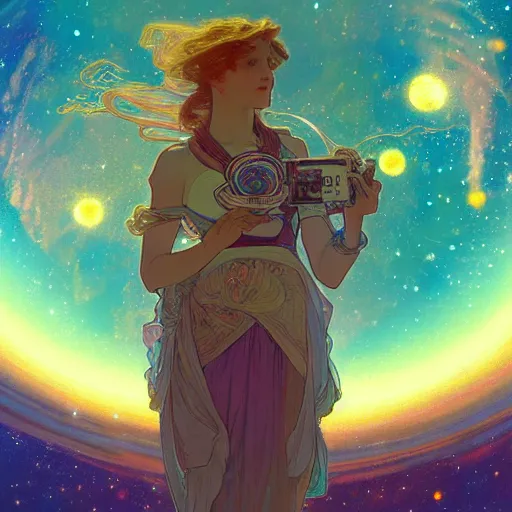 Image similar to highly detailed digital of colorful nebulas, planets in the background, highly detailed, intricate design, cinematic view, 8 k resolution, artstation by alphonse mucha, moebius, krenz cushart