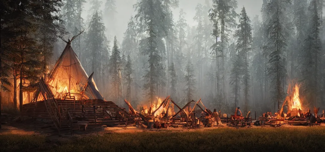 Prompt: longhouse, campfire, teepee, very detailed, octane render, realistic, 8 k, unreal engine 5, dramatic, volumetric, dead trees, dusk, greg rutkowski