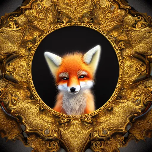 Image similar to a cute baby fox made out of gold and marble fur, fractal, intricate details, octane render, ornate