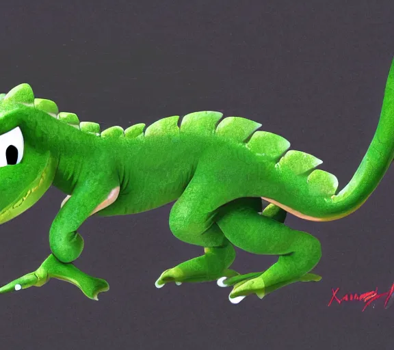 Prompt: yoshi by kaname fujioka, green dinosaur dragon, concept art