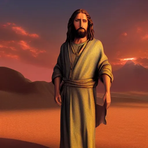 Image similar to an Artstation 3d render of Very very very very highly detailed beautiful mystic photo of jesus in the desert, intricate, extremely detailed, digital painting, artstation, concept art, smooth, sharp focus, illustration, intimidating lighting, incredible art,