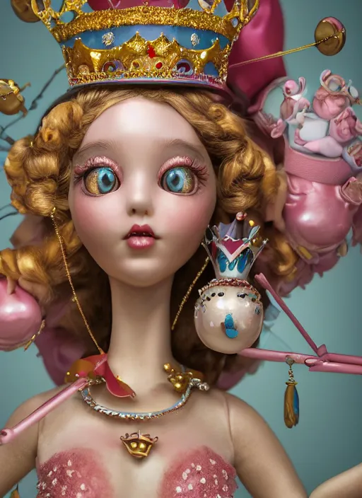 Prompt: closeup face profile portrait of a tin toy fairytale princess wearing a crown eating cakes in the castle, bikini, depth of field, zeiss lens, fashion photoshoot, by nicoletta ceccoli, mark ryden, lostfish, dan decarlo, bob clampett, max fleischer, breathtaking, detailed, hyperrealistic, octane render