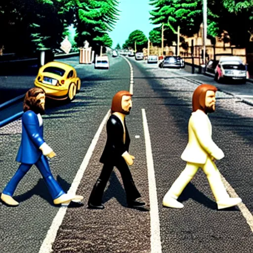 Image similar to abbey road members as funko pop toys, 4 k, very detailed