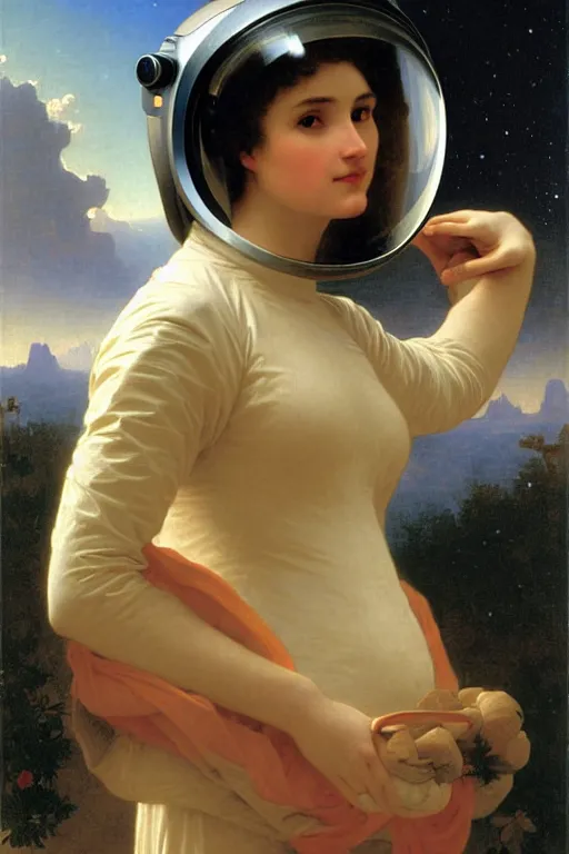 Image similar to portrait of a woman in astronaut helmet an ancient human specie, by bouguereau