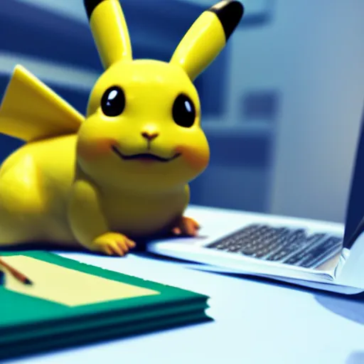 Image similar to render of picachu doing homework, 8k