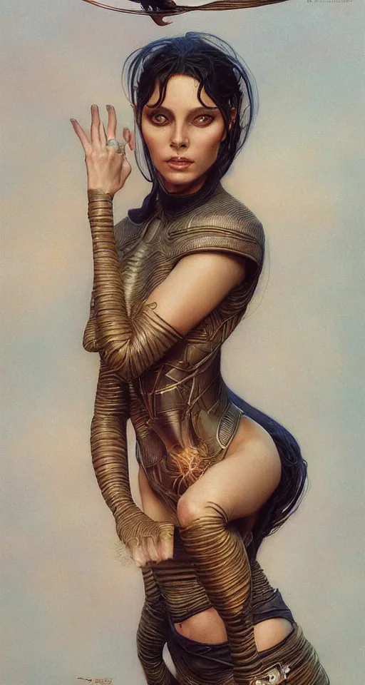 Image similar to a beautiful exotic female from dune, by edgar maxence artgerm ross tran and michael whelan and gustav klimpt