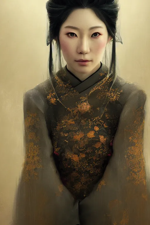 Image similar to Japanese princess, gorgeous, close-up portrait, intricate, elegant, volumetric lighting, scenery, digital painting, highly detailed, artstation, sharp focus, illustration, concept art, ruan jia, steve mccurry