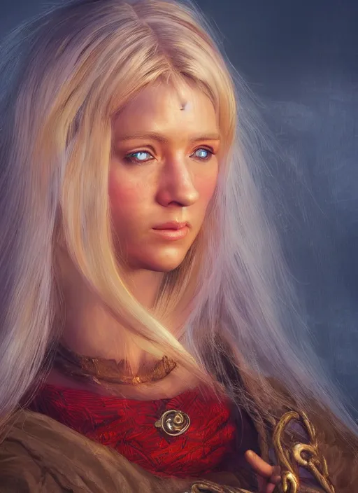 Image similar to blonde peasant woman, fantasy, medieval, vivid colors, fantasy, elegant, concept art, sharp focus, beautiful face!!, digital art, hyper - realistic, 4 k, unreal engine, highly detailed, hd, dramatic lighting by brom, trending on artstation