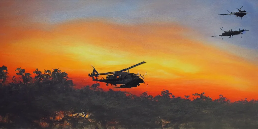 Image similar to Painting of vietnam Huey Helicopters, above a forest, orange sun set, abstract, realism, high details, glow, far, distance, over the horizon, drawn