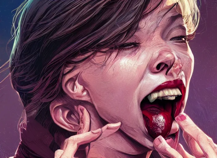 Prompt: wide open queen mouth, close - up, cry, defiant, full lips, anatomy color photograph, light effect, hyper detailed, intricate, elegant, highly detailed, digital painting, artstation, concept art, matte, sharp focus, illustration, by dan mumford, yusuke murata, makoto shinkai, ross tran