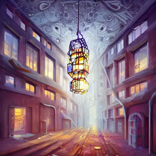 Image similar to a beautiful painting of an abandoned rubik's cube factory, inspired by cyril rolando, ornate, intricate, emitting light ornaments, volumetric lighting, cgsociety, terracotta red, very detailed, trending on artstation, 8 k