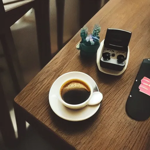 Prompt: coffee on a table, rainy day, anime, ghibli, 9 0 s, retro style, aesthetic, chill, room