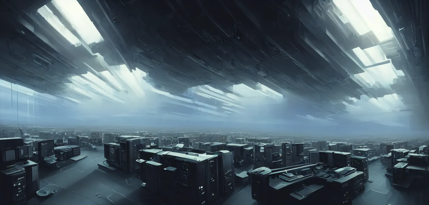 Image similar to computers, wired in, in a highly detailed server room with computers everywhere, cinematic view, epic sky, detailed, concept art, low angle, high detail, warm lighting, volumetric, godrays, vivid, beautiful, trending on artstation, by jordan grimmer, huge scene, art greg rutkowski