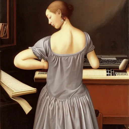 Image similar to Renaissance oil painting, full room view, skinny female artist back view, dark hair, pale grey babydoll dress, sleeveless, ruffle shoulders, typing on a computer keyboard facing a giant wall size computer screen