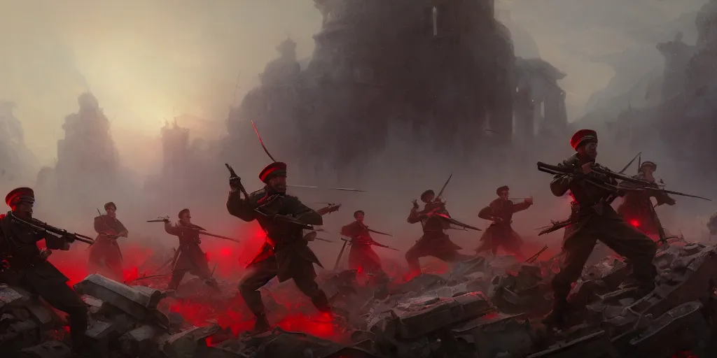 Image similar to red army fighting against white army in the ruined city of russian motheland, extremely detailed digital painting, in the style of fenghua zhong and ruan jia and jeremy lipking and peter mohrbacher, mystical colors, rim light, beautiful lighting, 8 k, stunning scene, raytracing, octane, trending on artstation