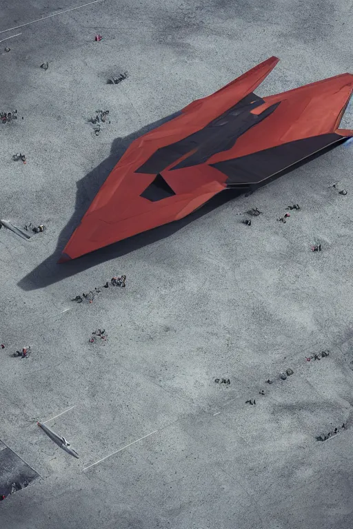 Prompt: professional photograph of a beautiful neo - futuristic simplified symmetrical stealth fighter docked on a desert plateau by ilm, denis villeneuve, emmanuel shiu, zaha hadid, vapor, cinematic architectural scale, red paint detail, manga, dramatic, volumetric, concept art, hard surface, hyperrealism, high detail, trending on artstation, sharp focus, rendered in octane