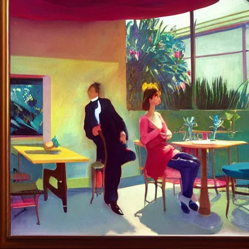 Image similar to an excited couple redefining love in a caffe surrounded by plants, oil on canvas by Francis Bacon and Edward Hopper, bruce pennington, James Gilleard, artstation