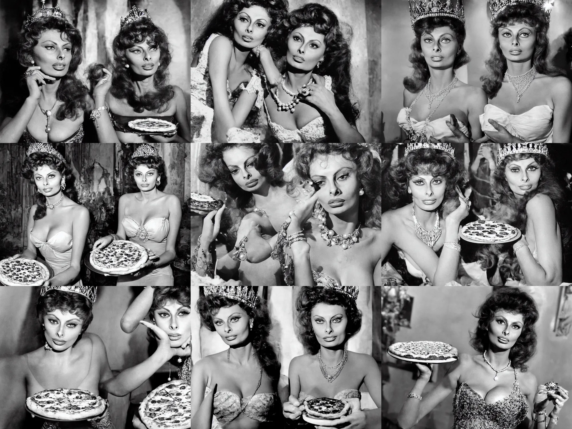 Prompt: a detailed photo of young sophia loren, posing as a queen, presenting a pizza margherita, tiara, pearl necklace, beautiful, stunning, smooth lighting, exquisit detail, masterpiece, photo by letizia battaglia