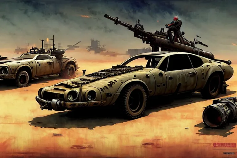 Prompt: dieselpunk mad max avanti with guns installed, painted by greg rutkowski makoto shinkai takashi takeuchi studio ghibli, akihiko yoshida