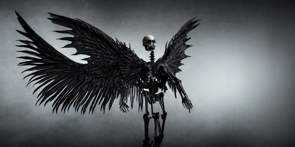 Prompt: mysterious fantasy winged creature skeleton, studio photography, 4 k, dark black background, harsh lighting