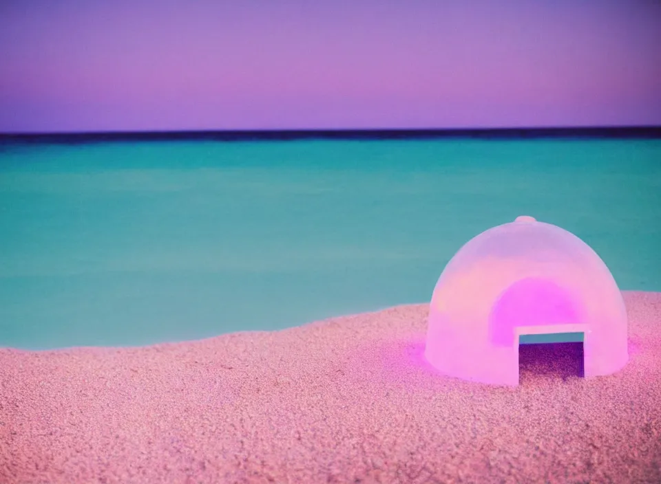 Image similar to a pastel coloured vintage family holiday photo of an empty beach from an alien dreamstate world with chalky pink iridescent!! sand, reflective lavender ocean water, dim bioluminescent plant life and an igloo shaped shiny plastic transparent festival speakers. glare. refraction, volumetric light.