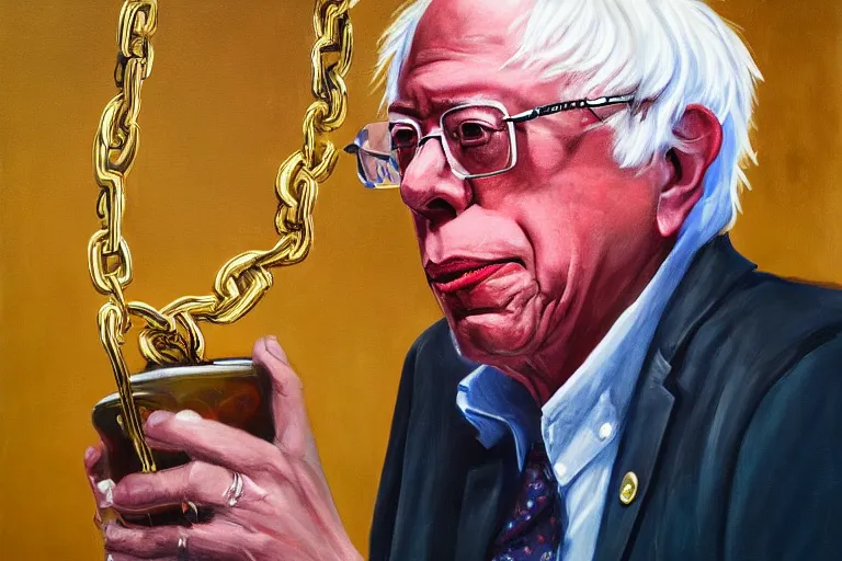 Image similar to Bernie Sanders as rap gold chains and gold teeth, drinking cough syrup, oil on canvas, artstation, portrait, masterpiece, aesthetic