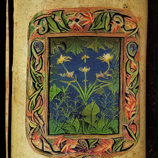 Image similar to botanical vaporwave medieval manuscript gif