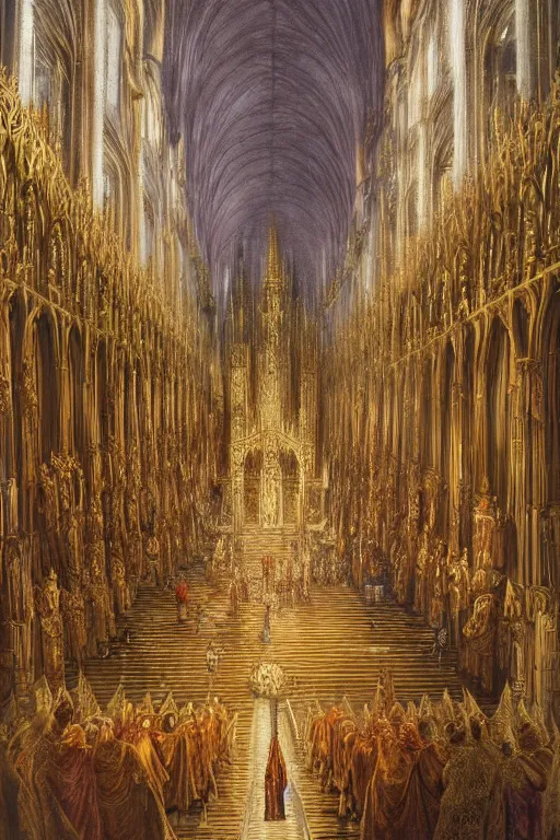 Image similar to The Grand Wizard in gold mage robes, gives a speech to his congregation, inside the holy Duomo di Milano, realistic, fantasy, intricate, elegant, highly detailed, digital painting, artstation, concept art, smooth, sharp focus, illustration, symmetry, masterpiece, art by Marc Simonetti, by Greg Rutkowski