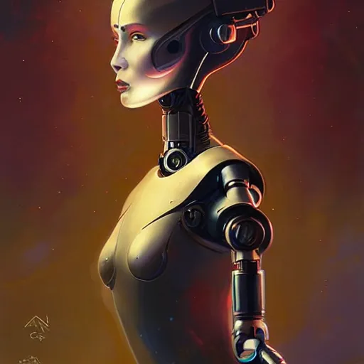 Prompt: a beautiful female robot, elegant pose, by Anato Finnstark, Tom Bagshaw, Brom