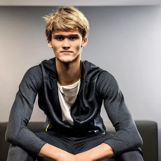 Image similar to a realistic detailed photo of a guy who is an attractive humanoid who is half robot and half humanoid, who is a male android, soccer player martin ødegaard, shiny skin, posing like a statue, blank stare, in a living room, on display, showing off his muscles, with a twin