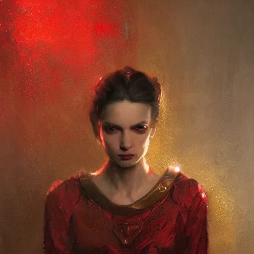 Prompt: portrait of a red sorcerer, sharp focus, ultra realistic illustration, regal clothing, gold ethereal light, by livia prima