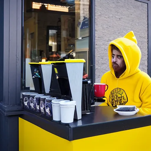 Image similar to a moose with a yellow hoodie selling coffee at a stand in downtown peterborough new hampshire, realistic, 8 k