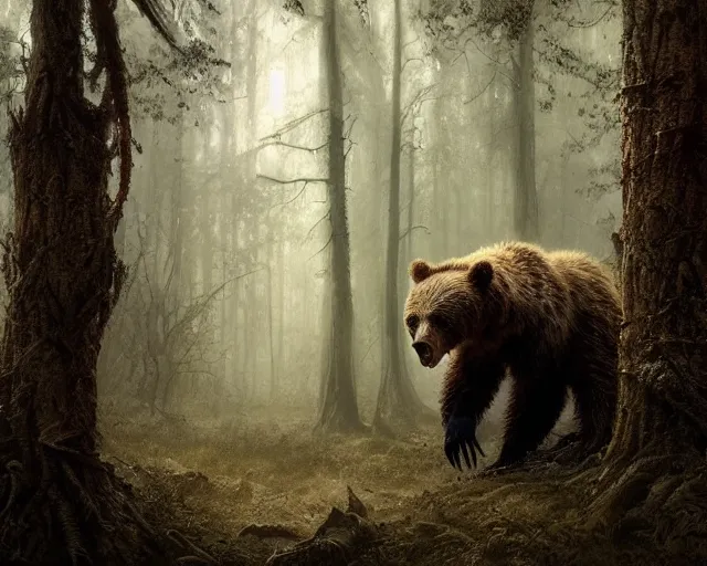 Image similar to 5 5 mm portrait photo of an armored demonic undead rotting bear with red eyes looking at the camera, in a magical forest. magical atmosphere. art by greg rutkowski and luis royo. highly detailed 8 k. intricate. lifelike. soft light. nikon d 8 5 0.