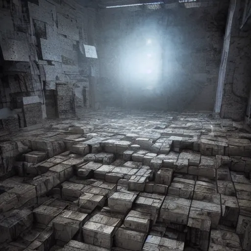 Image similar to thousand of default cube dumped ,hyperrealistic mixed media high resolution , stunning 3d render Unreal Engine , dim volumetric lighting, 8k octane beautifully detailed render, full body shot, post-processing, extremely hyper-detailed, intricate, epic composition, highly detailed attributes, highly detailed atmosphere, cinematic lighting, masterpiece, trending on artstation, very very detailed, masterpiece, stunning, flawless completion, perfection,