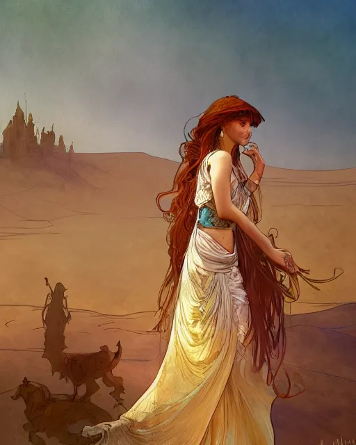 Image similar to bedouin in the desert, highly detailed, gold filigree, romantic storybook fantasy, soft cinematic lighting, award, disney concept art watercolor illustration by mandy jurgens and alphonse mucha and alena aenami, pastel color palette, featured on artstation