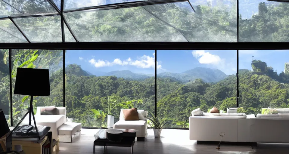 Image similar to looked at big window, architectural, mountains in background, cloud forest in background, tropical, sunny day time, clear sky, living room, furniture, IKEA catalogue, futuristic, ultra realistic, ultra detailed, cinematic light, anamorphic