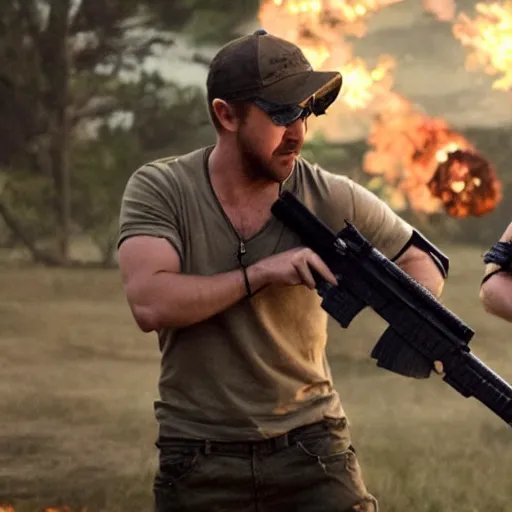 Prompt: Ryan Gosling dual wielding assault rifles and shooting at dragons at